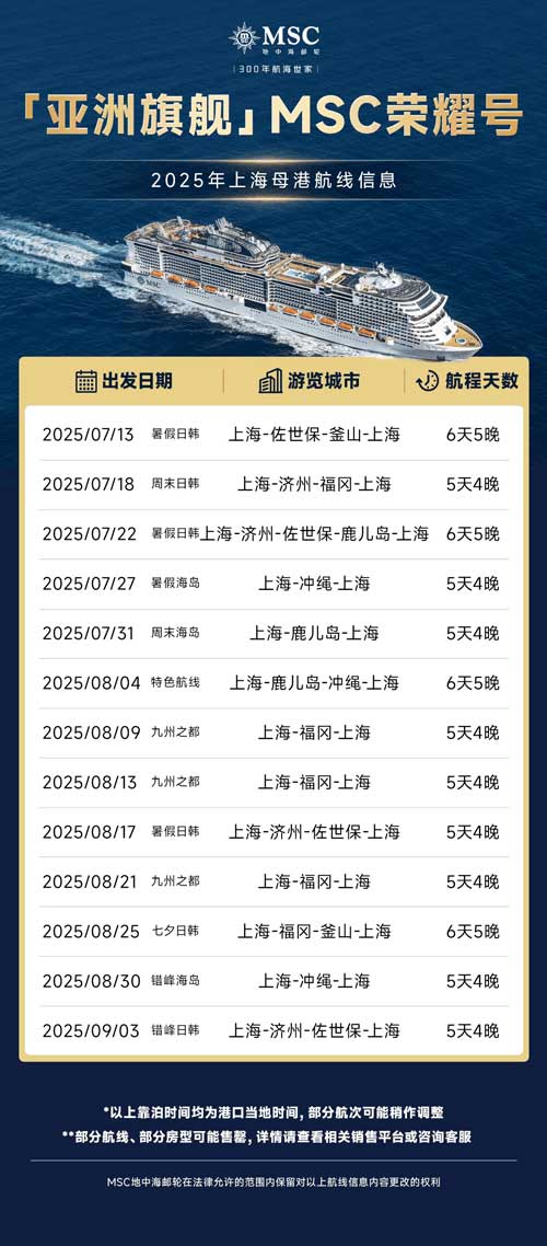 图6-MSC荣耀号2025年暑期航次表
