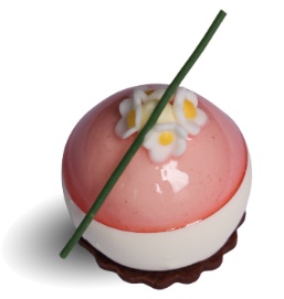 A small round dessert with a green stem

Description automatically generated
